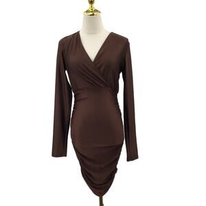 DEXIRE SZ S Brown Faux Wrap Ruched Long Sleeve Bodycon MIni Dress NWT B79